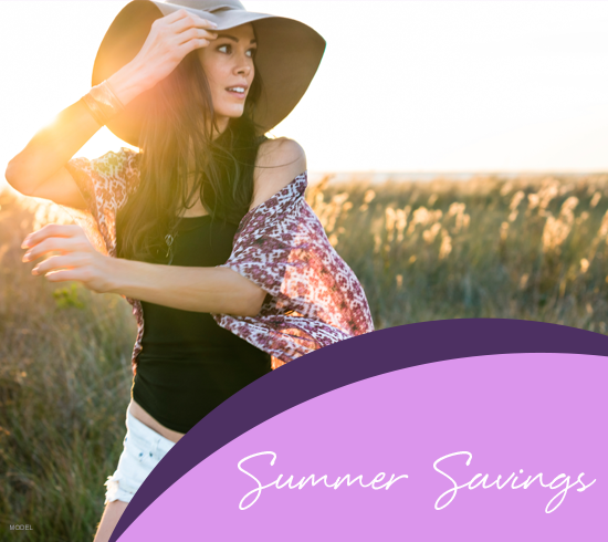 Young woman in a floppy hat with summer savings across the bottom
