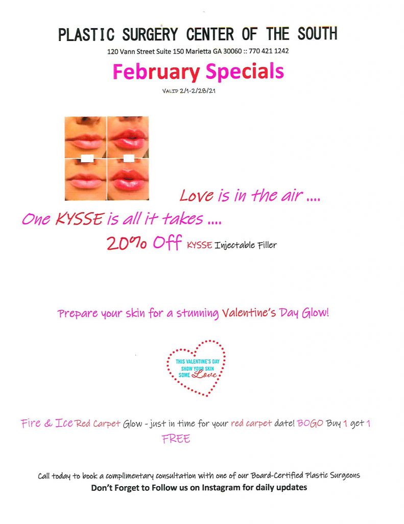 February 2021 specials include 20% Kysse filler, BOGO fire and ice facial